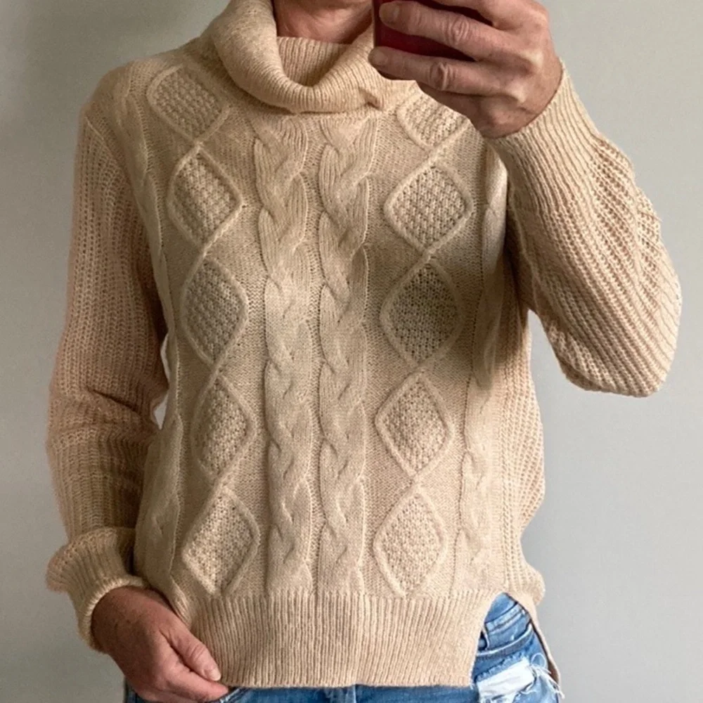 Tan Color Cable Knit Cowlneck Sweater - Picture 4 of 10